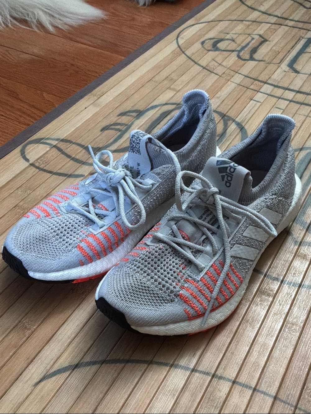 adidas Women’s Light Grey Knit Sneakers with Coral Accents